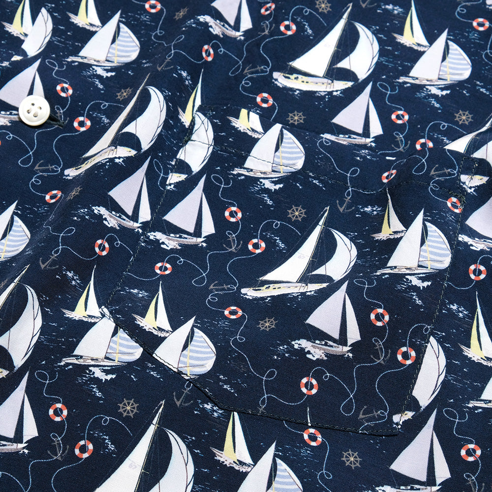 BLUE BLUE - Vintage Rayon Sailing Yacht Print Hawaiian Shirt - 1006184