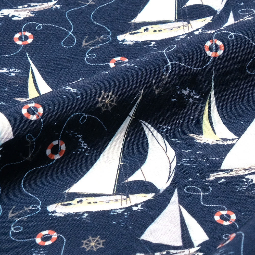 BLUE BLUE - Vintage Rayon Sailing Yacht Print Hawaiian Shirt - 1006184