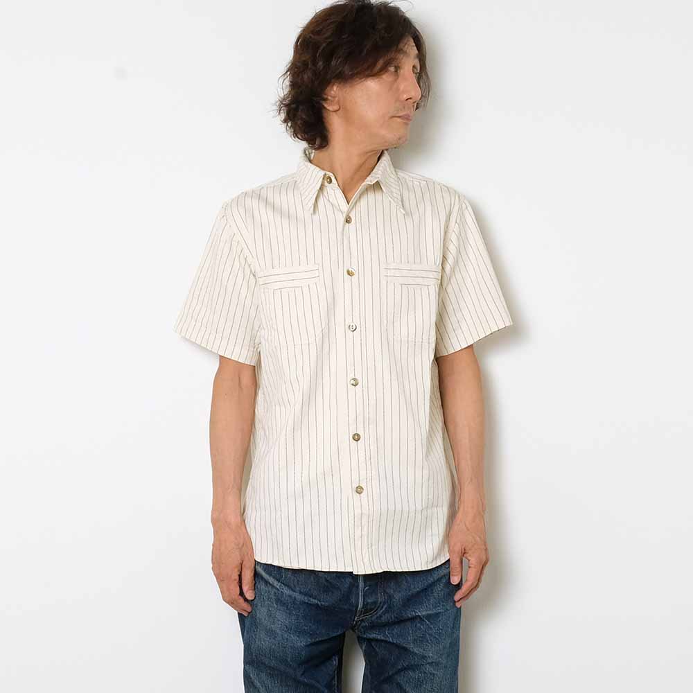 SUGAR CANE FICTION ROMANCE 8.5oz. WHITE WABASH STRIPE S/S WORK SHIRT SC37275