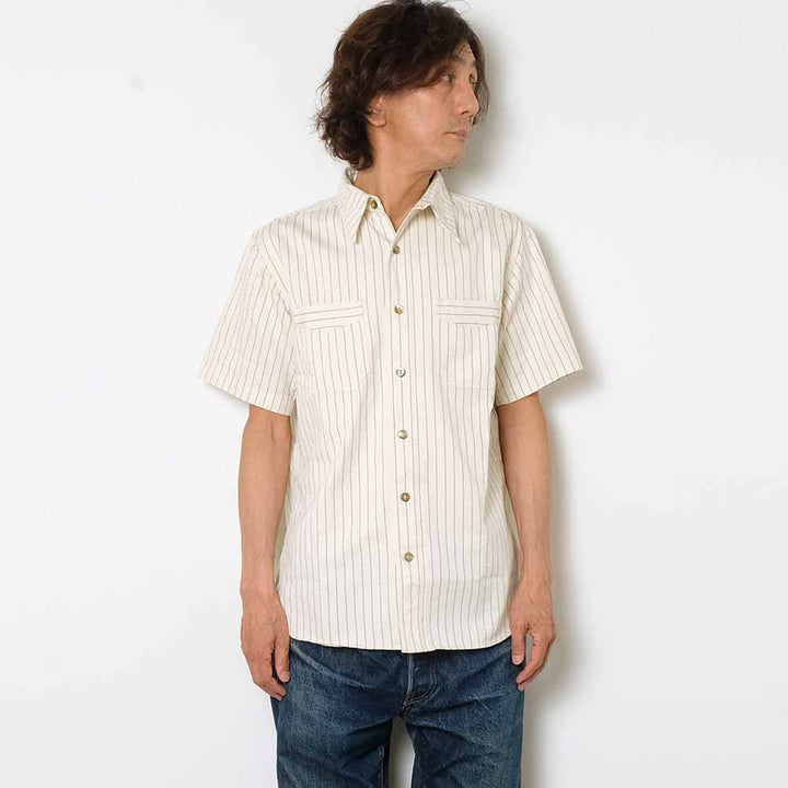 SUGAR CANE FICTION ROMANCE 8.5oz. WHITE WABASH STRIPE S/S WORK SHIRT SC37275