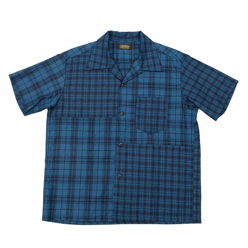 SUGAR CANE - Add human labor - INDIGO DOBBY CHECK CRAZY S/S OPEN SHIRT - SC39524