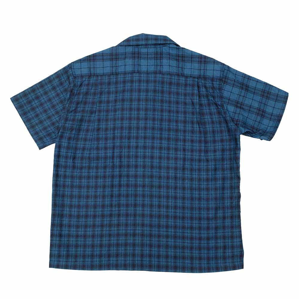 SUGAR CANE - Add human labor - INDIGO DOBBY CHECK CRAZY S/S OPEN SHIRT - SC39524