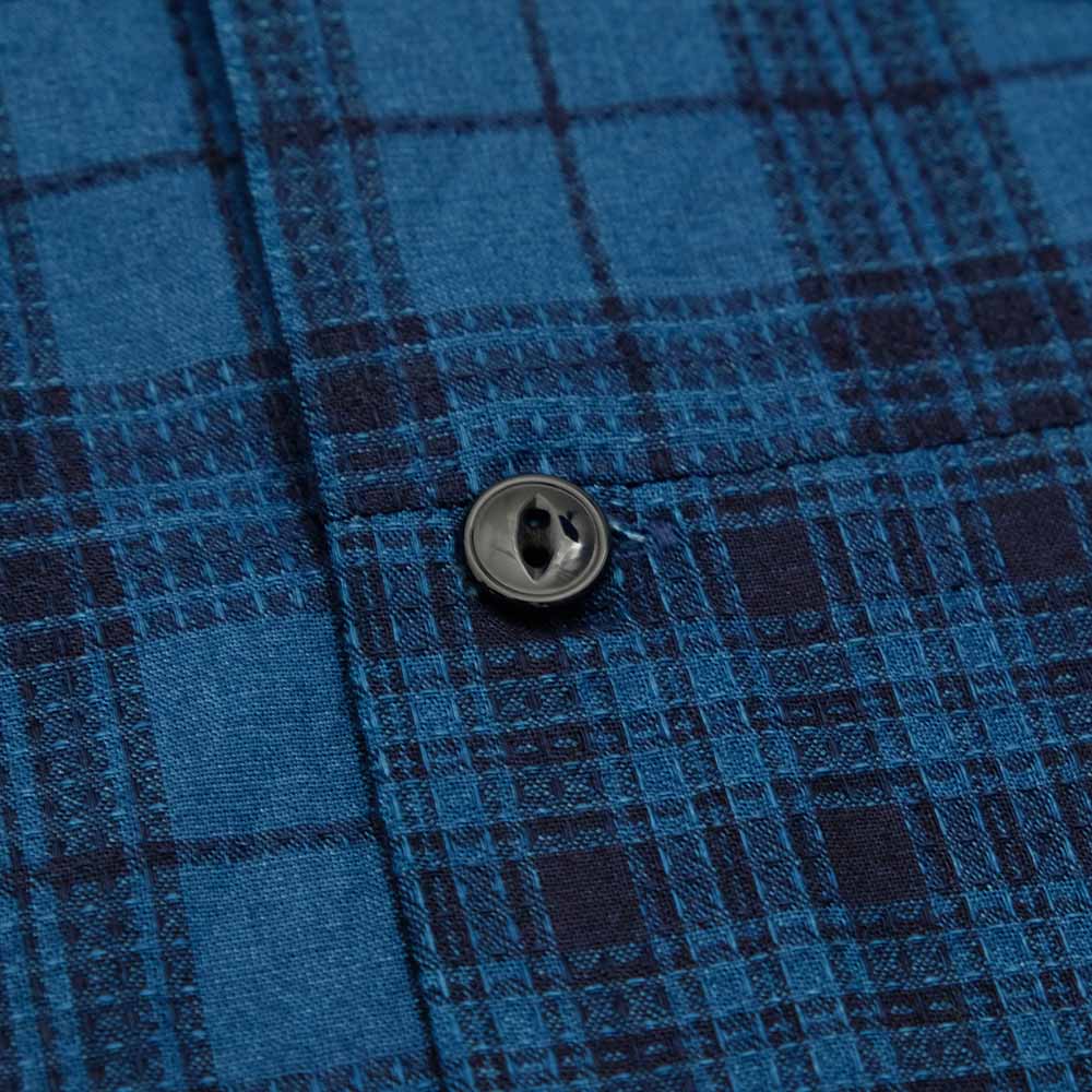 SUGAR CANE - Add human labor - INDIGO DOBBY CHECK CRAZY S/S OPEN SHIRT - SC39524