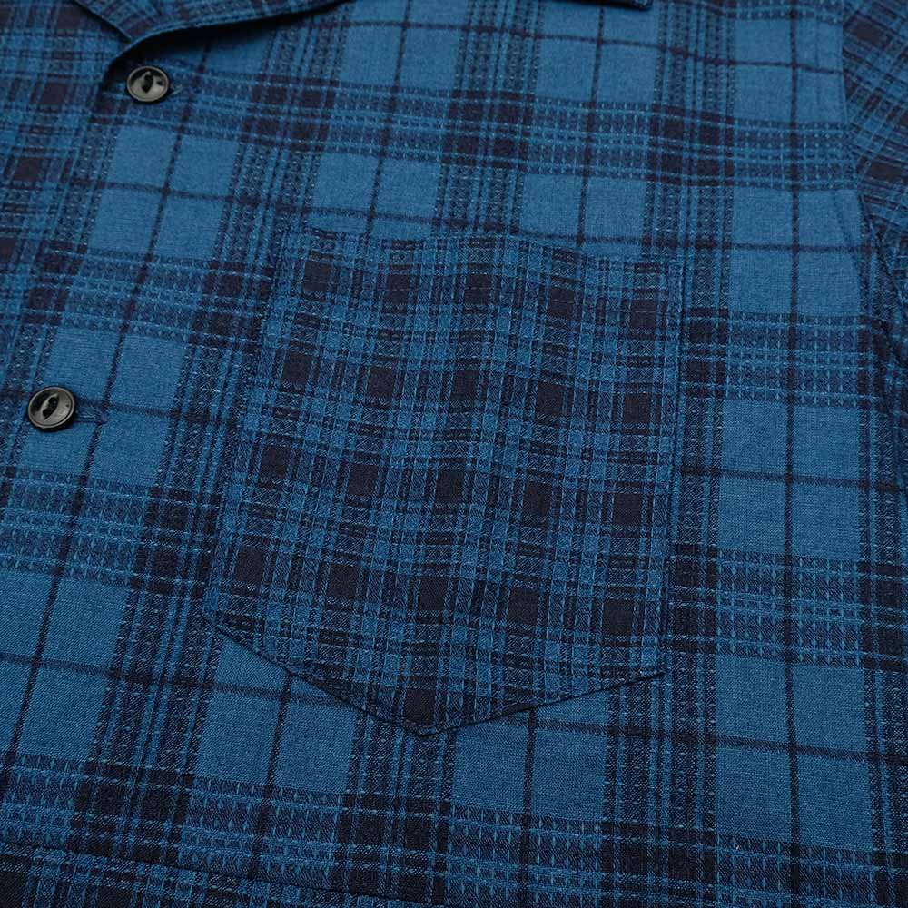SUGAR CANE - Add human labor - INDIGO DOBBY CHECK CRAZY S/S OPEN SHIRT - SC39524