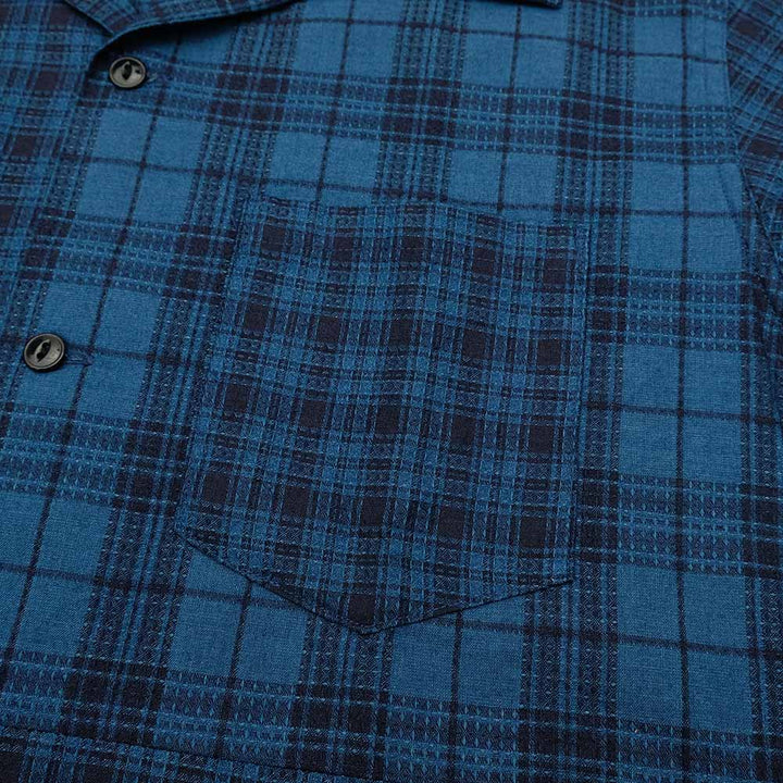 SUGAR CANE - Add human labor - INDIGO DOBBY CHECK CRAZY S/S OPEN SHIRT - SC39524