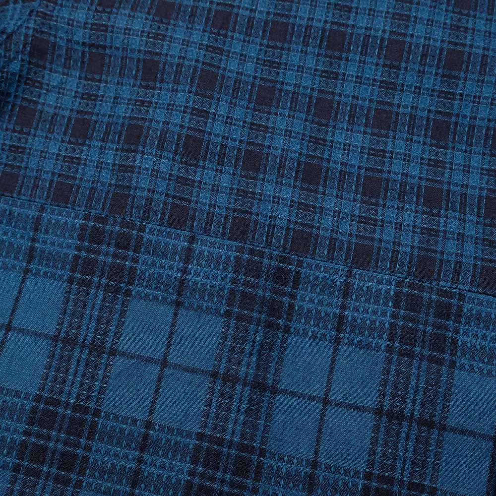 SUGAR CANE - Add human labor - INDIGO DOBBY CHECK CRAZY S/S OPEN SHIRT - SC39524