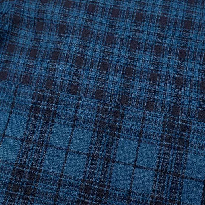 SUGAR CANE - Add human labor - INDIGO DOBBY CHECK CRAZY S/S OPEN SHIRT - SC39524