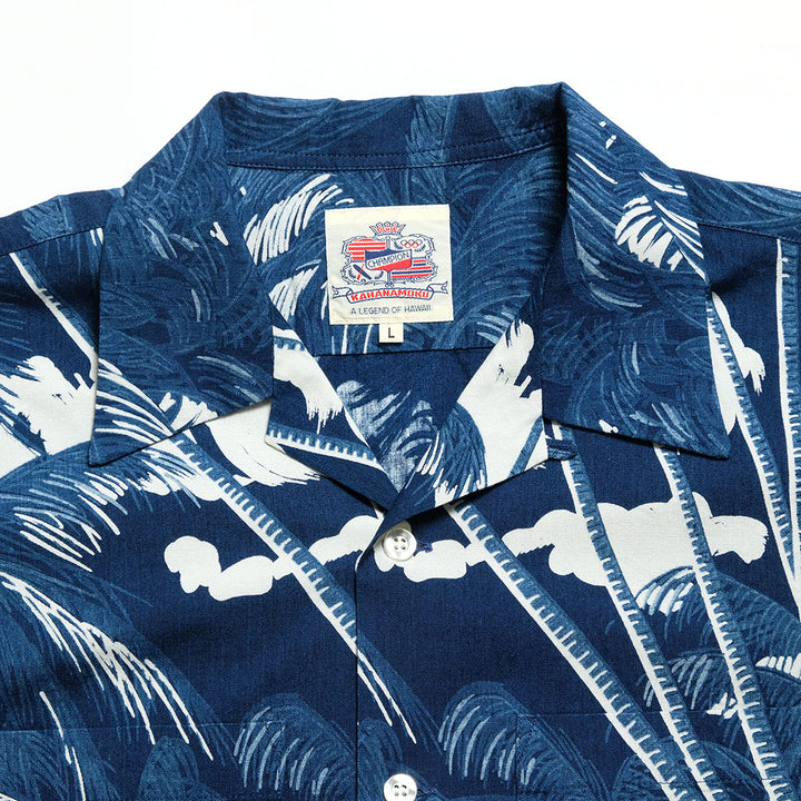 DUKE KAHANAMOKU - INDIGO COTTON HAWAIIAN SHIRT - COCONUT PALM & DIAMONDHEAD - DK39452