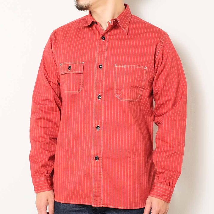 SUGAR CANE - Fiction Romance - 8.5oz. Red Wabash Stripe Work Shirt - SC28340